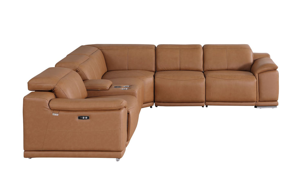 DivanItalia 9762 6-Piece L Shaped Top Grain Italian Leather Sectional Sofa with 3 Power Recliners - Cognac