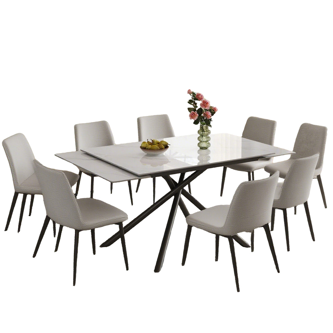 Modern Retractable Sintered Stone Dining Table Set with Black Carbon Steel Legs, Includes 8 Chairs