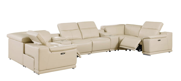 DivanItalia 9762 8-Piece U Shaped Top Grain Italian Leather Sectional Sofa with 2 Power Recliners - Beige