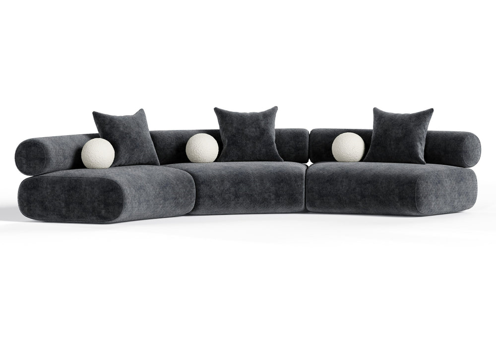 Simpson - Contemporary Dark Grey Fabric Curved Modular Sectional Sofa with Throw Pillows-3-Piece Sectional