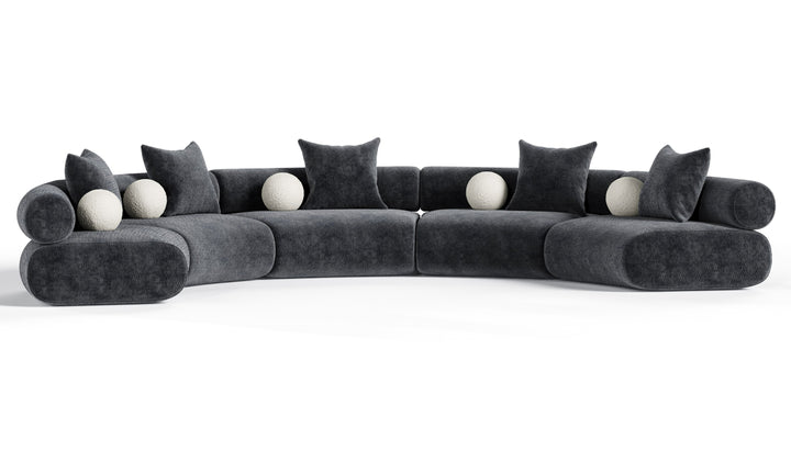 Simpson - Contemporary Dark Grey Fabric Curved Modular Sectional Sofa with Throw Pillows-5-Piece Sectional