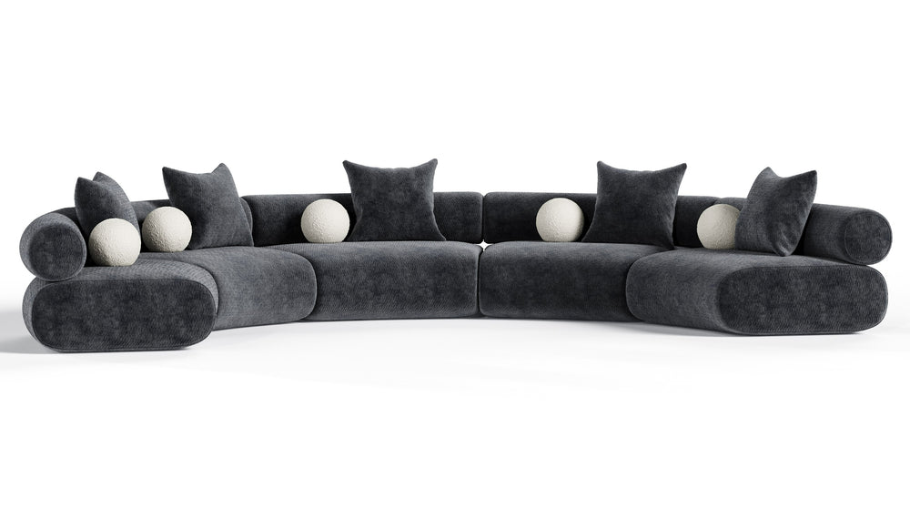 Simpson - Contemporary Dark Grey Fabric Curved Modular Sectional Sofa with Throw Pillows-5-Piece Sectional