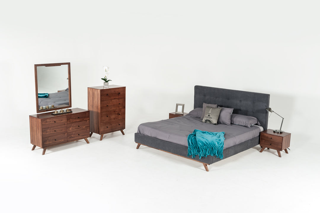 Addison Mid-Century Modern Grey Fabric & Walnut Bed