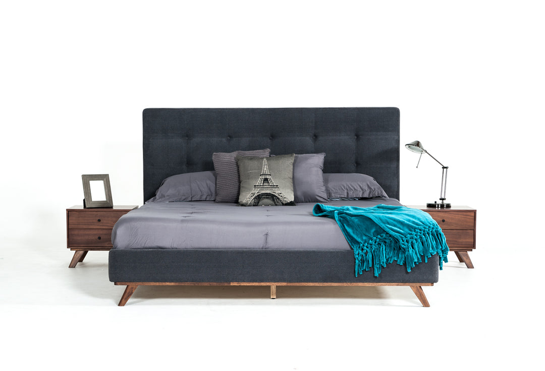 Addison Mid-Century Modern Grey Fabric & Walnut Bed