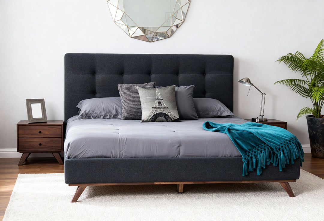 Addison Mid-Century Modern Grey Fabric  and  Walnut Bed