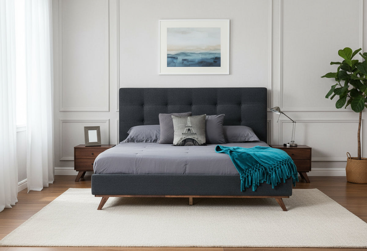 Addison Mid-Century Modern Grey Fabric & Walnut Bed - View 5
