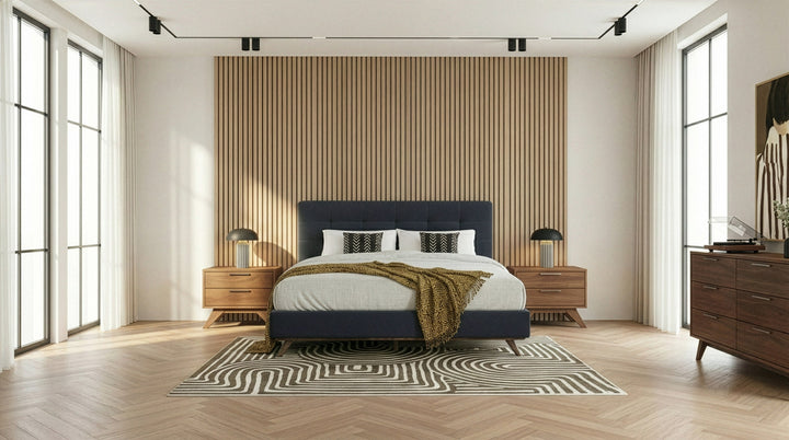 Addison Mid-Century Modern Grey Fabric &amp; Walnut Bed