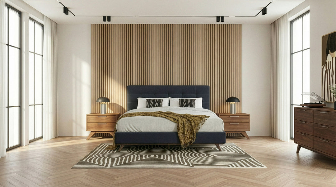 Addison Mid-Century Modern Grey Fabric & Walnut Bed