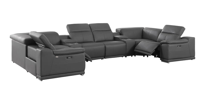 DivanItalia 9762 8-Piece U Shaped Top Grain Italian Leather Sectional Sofa with 2 Power Recliners - Dark Gray