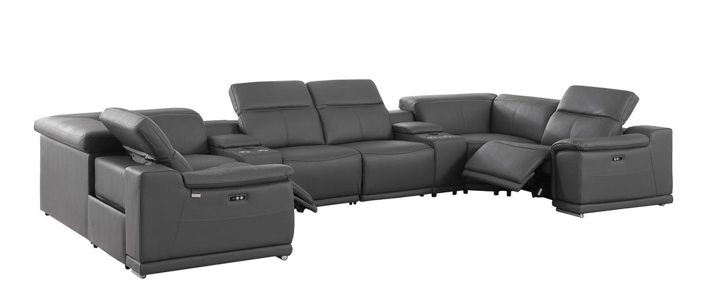 DivanItalia 9762 8-Piece U Shaped Top Grain Italian Leather Sectional Sofa with 2 Power Recliners - Dark Gray