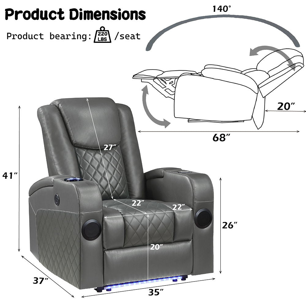 Alair - Power Motion Recliner With Bluetooth, Wireless Charger & Cupholder - Dark Gray Leather Aire