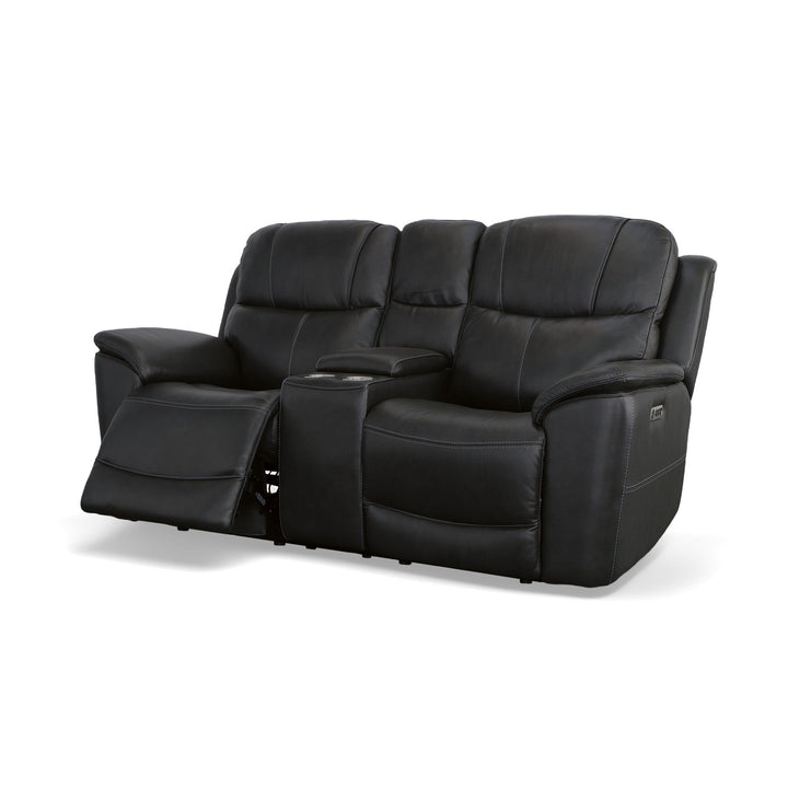 Crew Leather Power Reclining Loveseat with Console, Power Headrests &amp; Lumbar in Raven