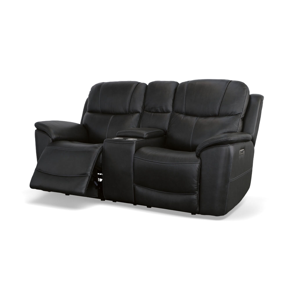 Crew Leather Power Reclining Loveseat with Console, Power Headrests & Lumbar in Raven