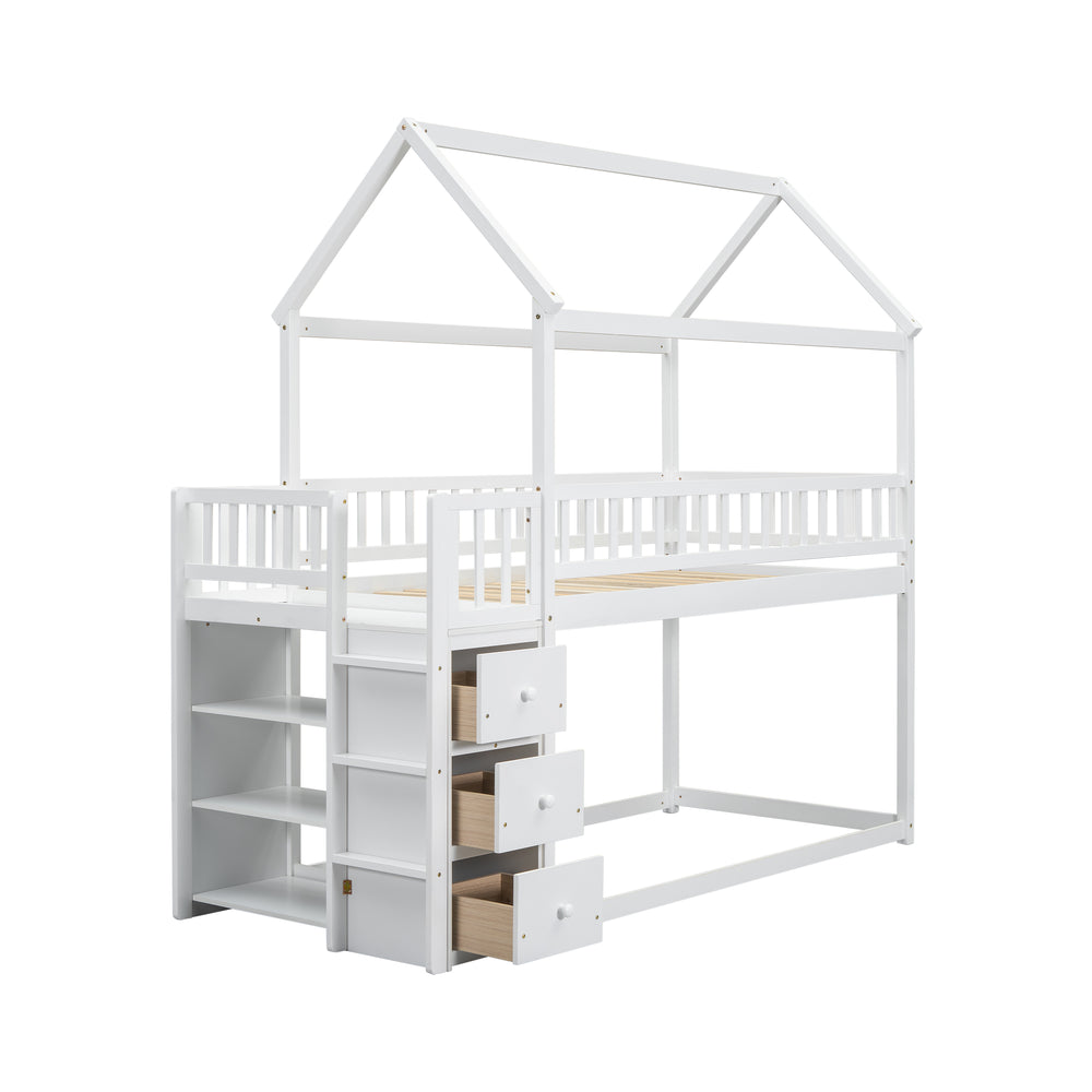 twin-twin-house-bunk-bed-with-shelves-and-drawers-white-color