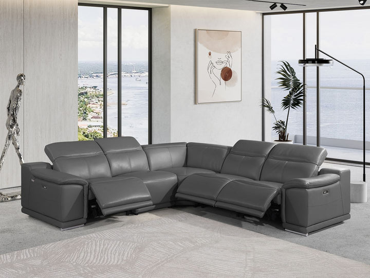 DivanItalia 9762 5-Piece L Shaped Top Grain Italian Leather Sectional Sofa with 3 Power Recliners - Dark Gray