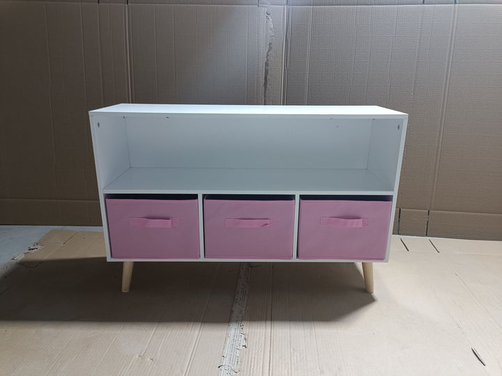 modern-kids-bookcase-with-collapsible-fabric-drawers-childrens-book-display-toy-storage-white-pink-mdf-pine-legs