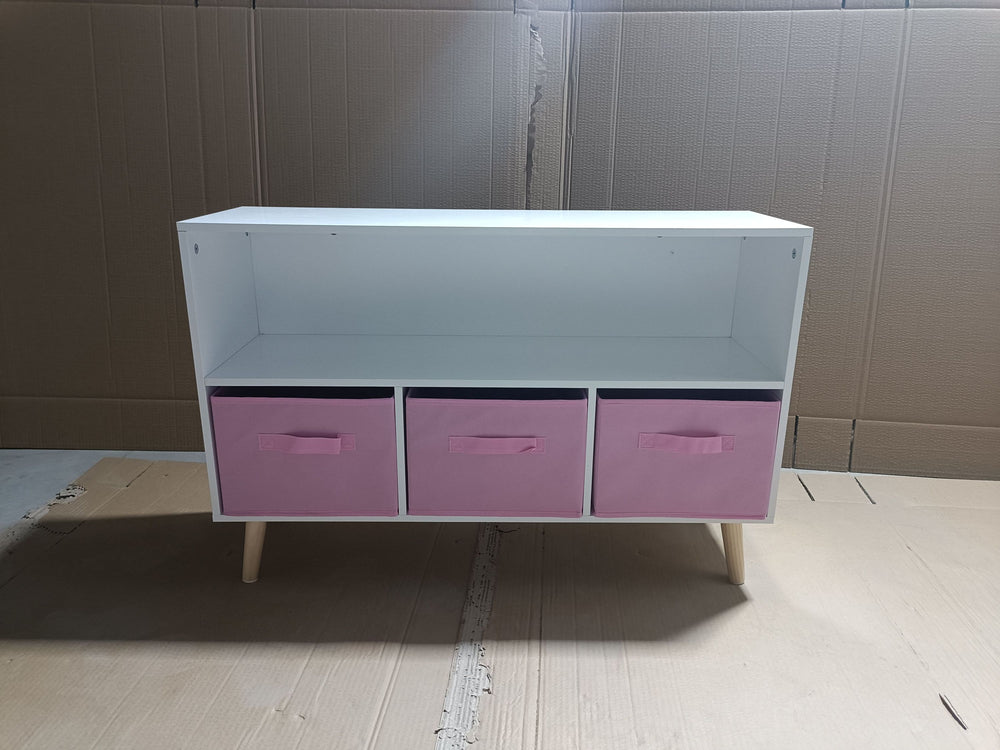 modern-kids-bookcase-with-collapsible-fabric-drawers-childrens-book-display-toy-storage-white-pink-mdf-pine-legs