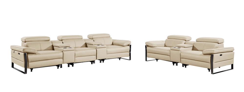 DivanItalia 1246 Modular Power Reclining Dual Console Sofa and Console Loveseat Set with Power Headrests – Top Grain Italian Leather - Beige