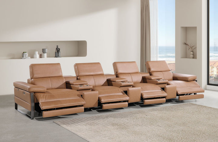DivanItalia 1246 Modular Power Triple Reclining Triple Console Sofa with Power Reclining Headrests – Top Grain Italian Leather - Cognac