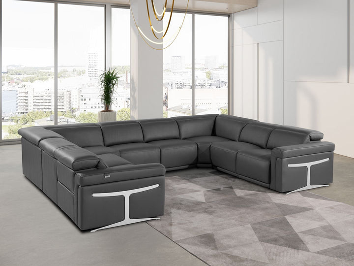 DivanItalia 1126 8-Piece U-Shaped Sectional Sofa in Top Grain Italian Leather with 4 Power Recliners &amp; Power Headrests – No Console - Dark Gray