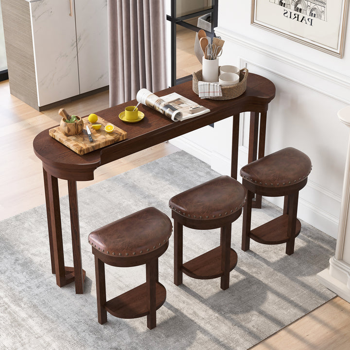 4-Piece Bar Table Set with PU Upholstered Bar Stools in Cherry