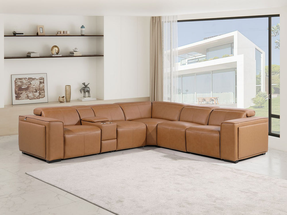 DivanItalia 1224 6-Piece L-Shaped Sectional Sofa in Top Grain Italian Leather with 3 Power Recliners & Power Headrests - Cognac
