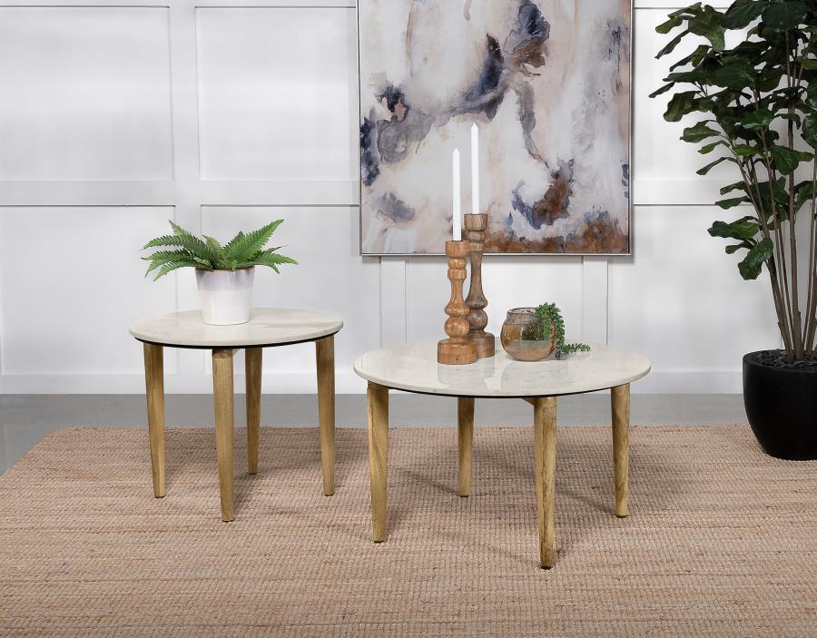 Aldis - Round Marble Top Coffee Table - White And Natural Coffee Table modern furniture Contempo Furniture