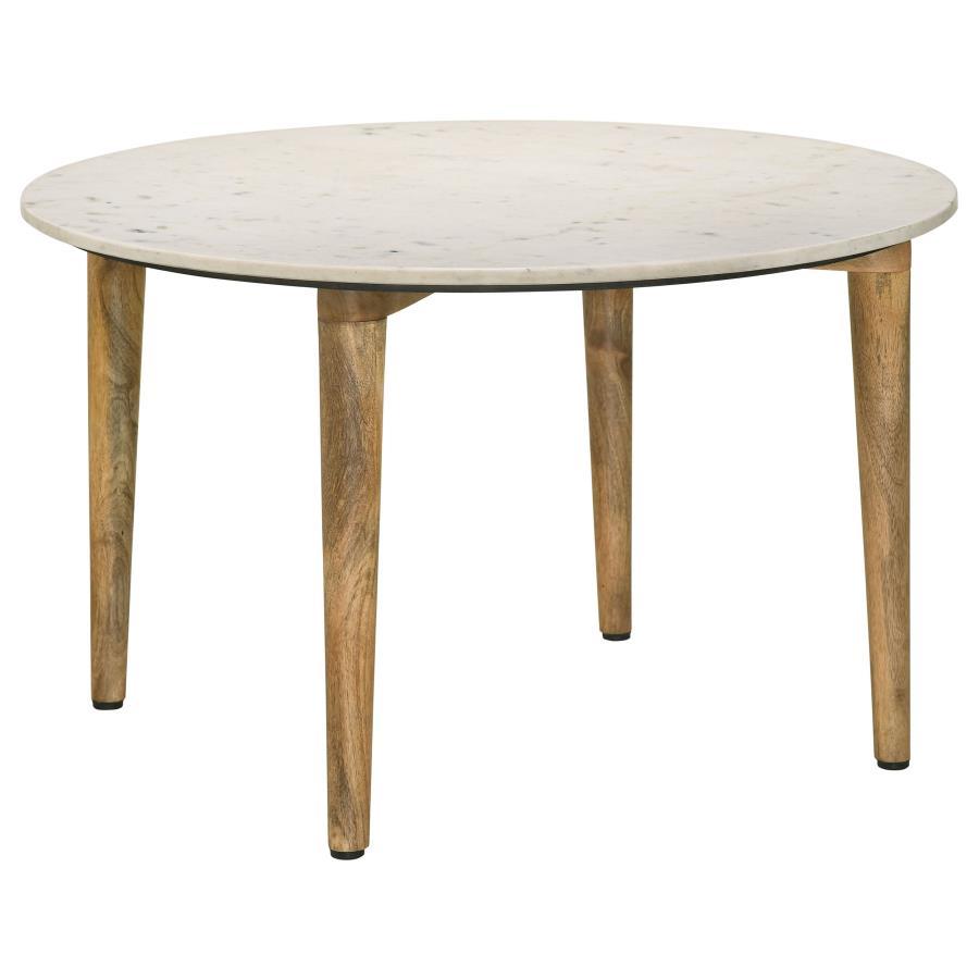 Aldis - Round Marble Top Coffee Table - White And Natural Coffee Table modern furniture Contempo Furniture