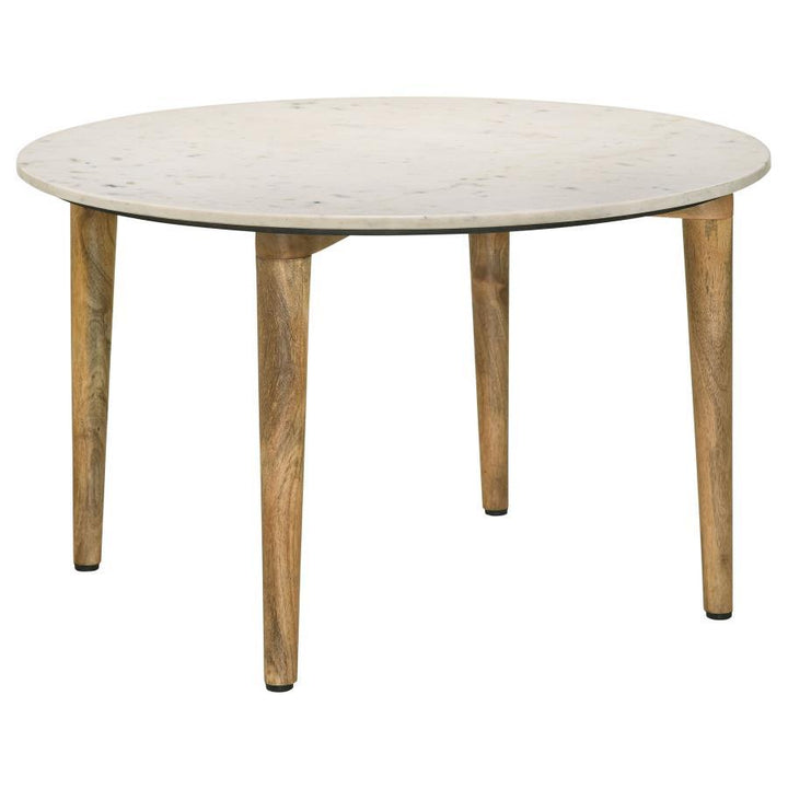 Aldis - Round Marble Top Coffee Table - White And Natural Coffee Table modern furniture Contempo Furniture