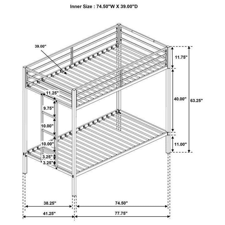 Alevera - Metal Twin Over Twin Bunk Bed With Ladder - Black Bunk Bed modern furniture Contempo Furniture