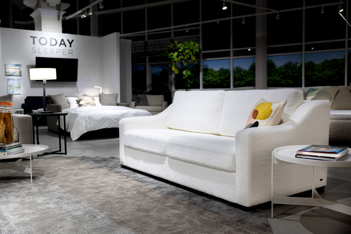 American Leather Today Sleeper Dakota sofa in cream fabric at Contempo Furniture San Jose