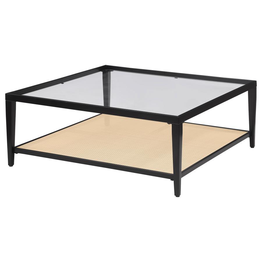 Amherst - Glass Top Metal with Cane Shelf Coffee Table - Black Coffee Table modern furniture Contempo Furniture