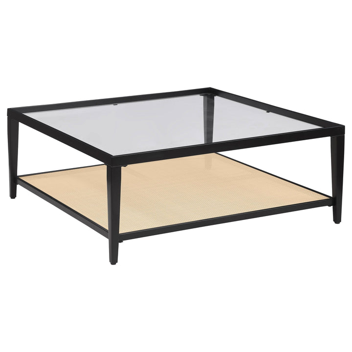 Amherst - Glass Top Metal with Cane Shelf Coffee Table - Black Coffee Table modern furniture Contempo Furniture