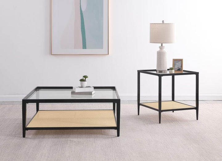Amherst - Glass Top Metal with Cane Shelf Coffee Table - Black Coffee Table modern furniture Contempo Furniture