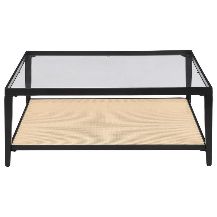 Amherst - Glass Top Metal with Cane Shelf Coffee Table - Black Coffee Table modern furniture Contempo Furniture