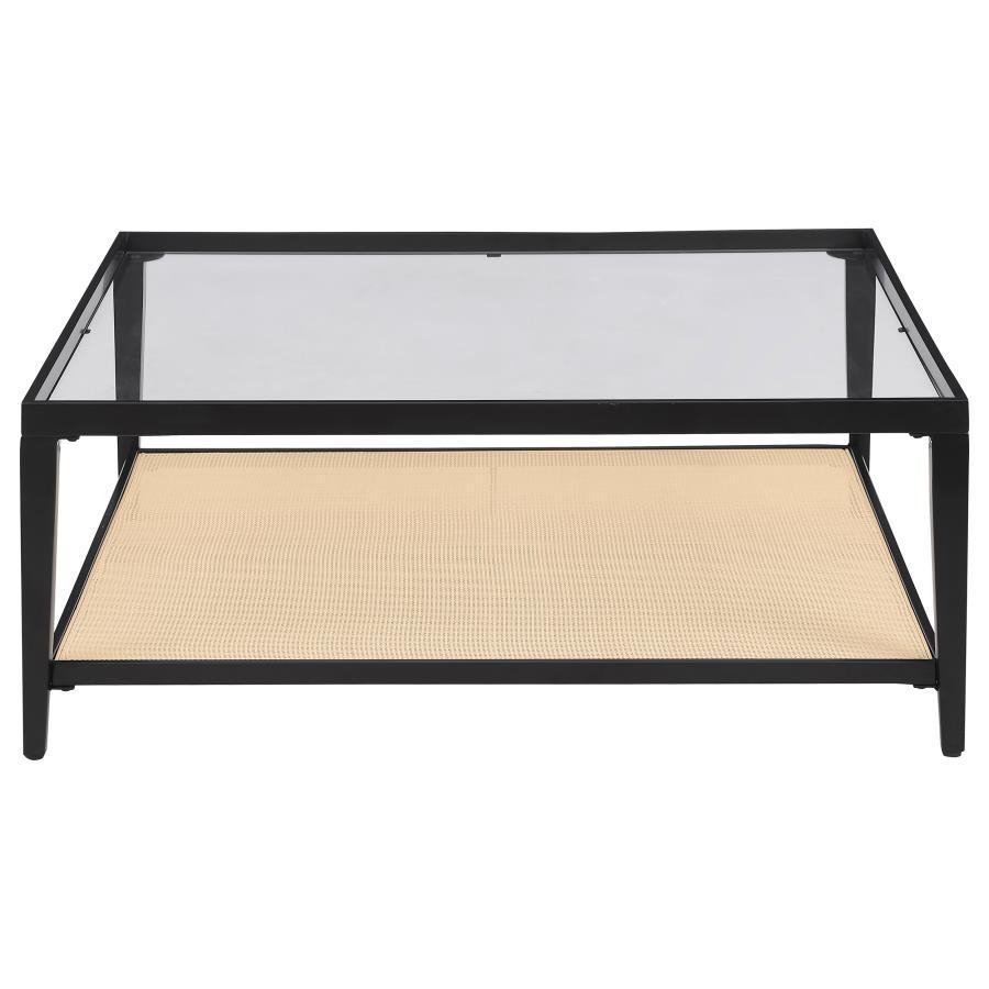 Amherst - Glass Top Metal with Cane Shelf Coffee Table - Black Coffee Table modern furniture Contempo Furniture
