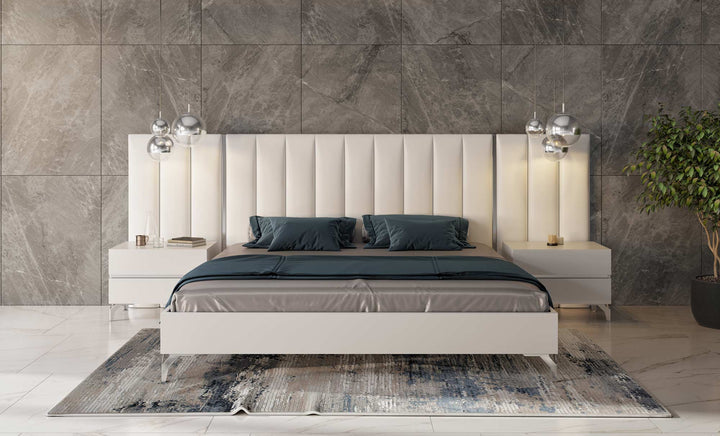 Angela - Eastern King Italian Modern White Eco Leather Bed w/ Nightstands and Wings