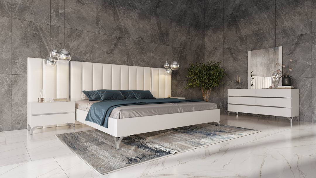 Angela - Eastern King Italian Modern White Eco Leather Bed w/ Nightstands and Wings