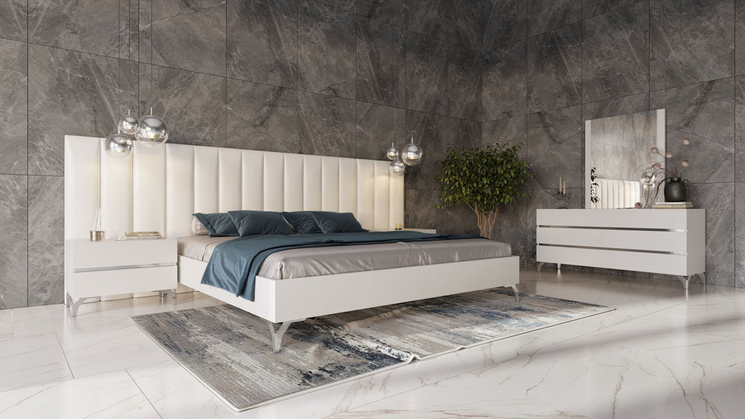 Angela - Eastern King Italian Modern White Eco Leather Bed w/ Nightstands and Wings