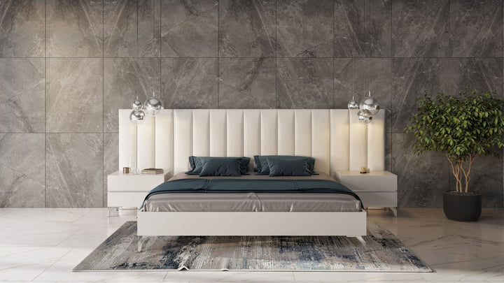 Angela - Eastern King Italian Modern White Eco Leather Bed w/ Nightstands and Wings