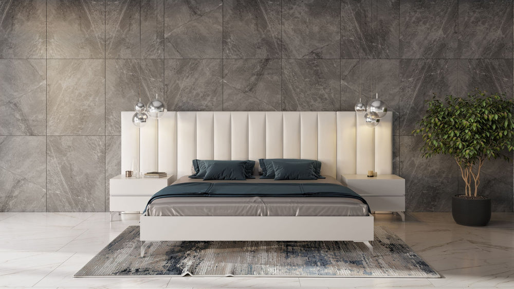 Angela - Eastern King Italian Modern White Eco Leather Bed w/ Nightstands and Wings