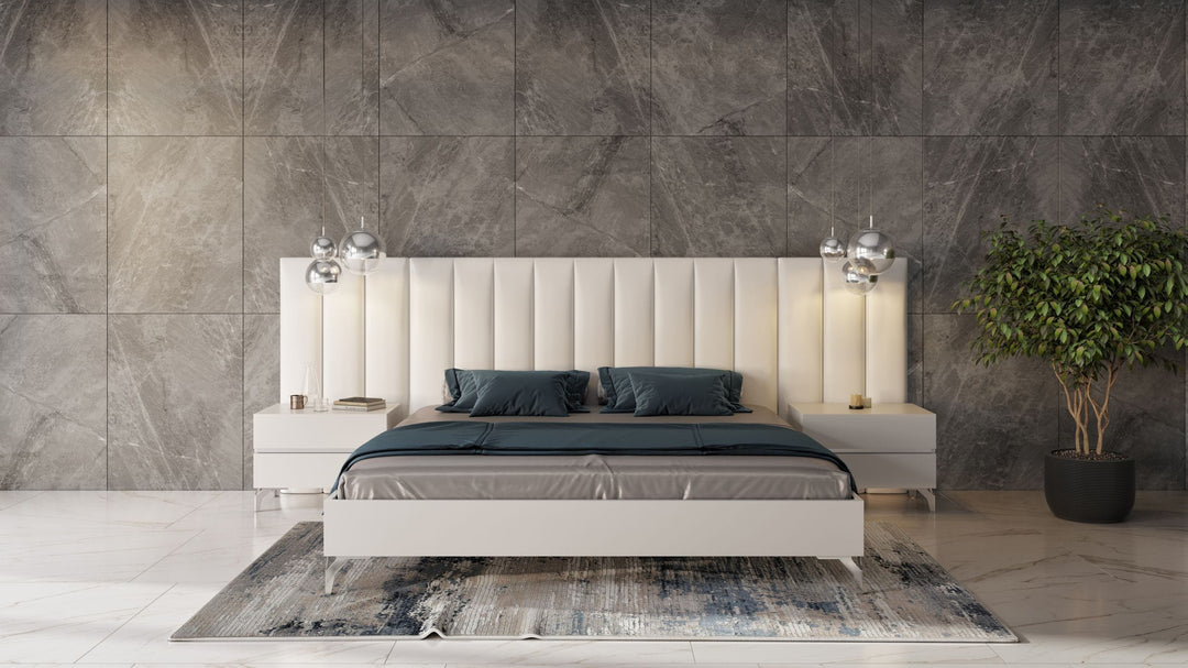 Angela - Eastern King Italian Modern White Eco Leather Bed w/ Nightstands and Wings