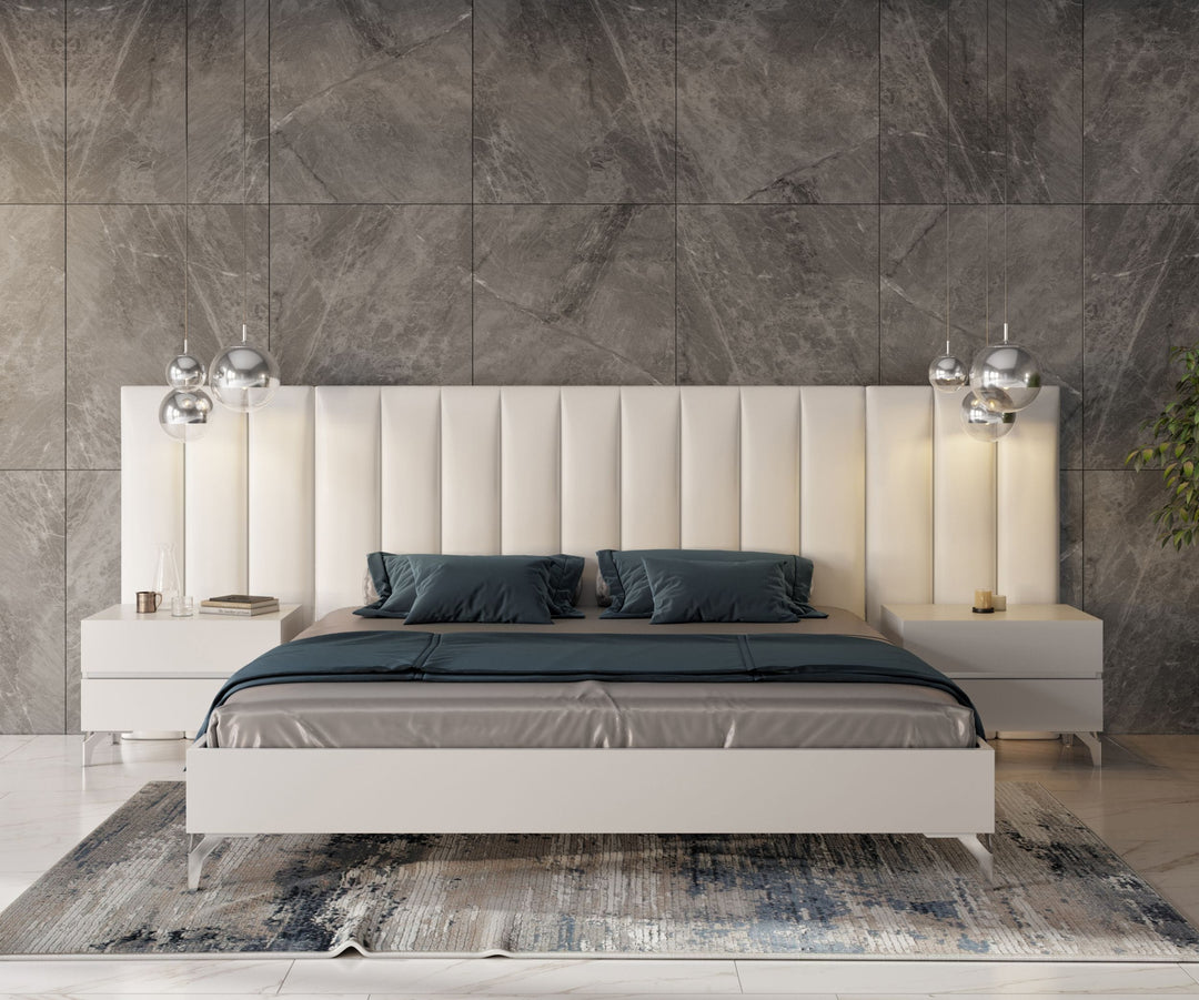 Angela - Eastern King Italian Modern White Eco Leather Bed w/ Nightstands and Wings