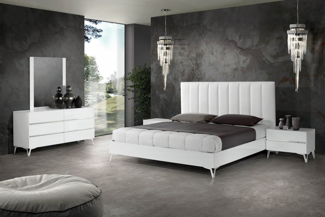 Angela - Eastern King Italian Modern White Eco Leather Bed w/ Nightstands