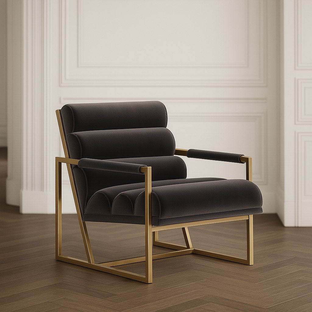 Anton  Modern Grey Velvet + Brass Accent Chair