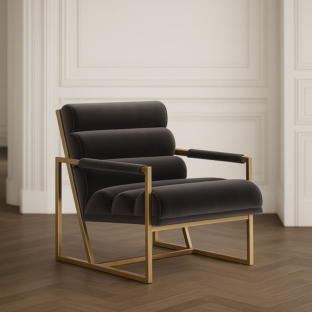 Anton - Modern Grey Velvet + Brass Accent Chair - View 2