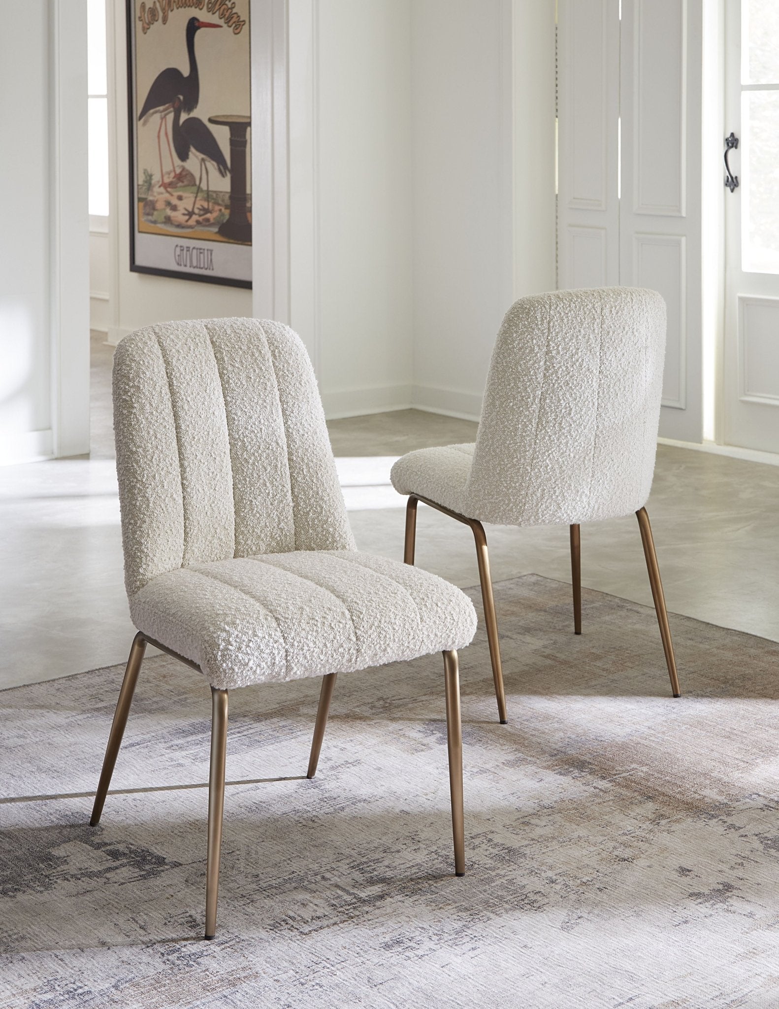 Apollo Upholstered Dining Chair in Ricotta Boucle and Brushed Bronze Metal (Set of 2) Chair modern furniture Contempo Furniture