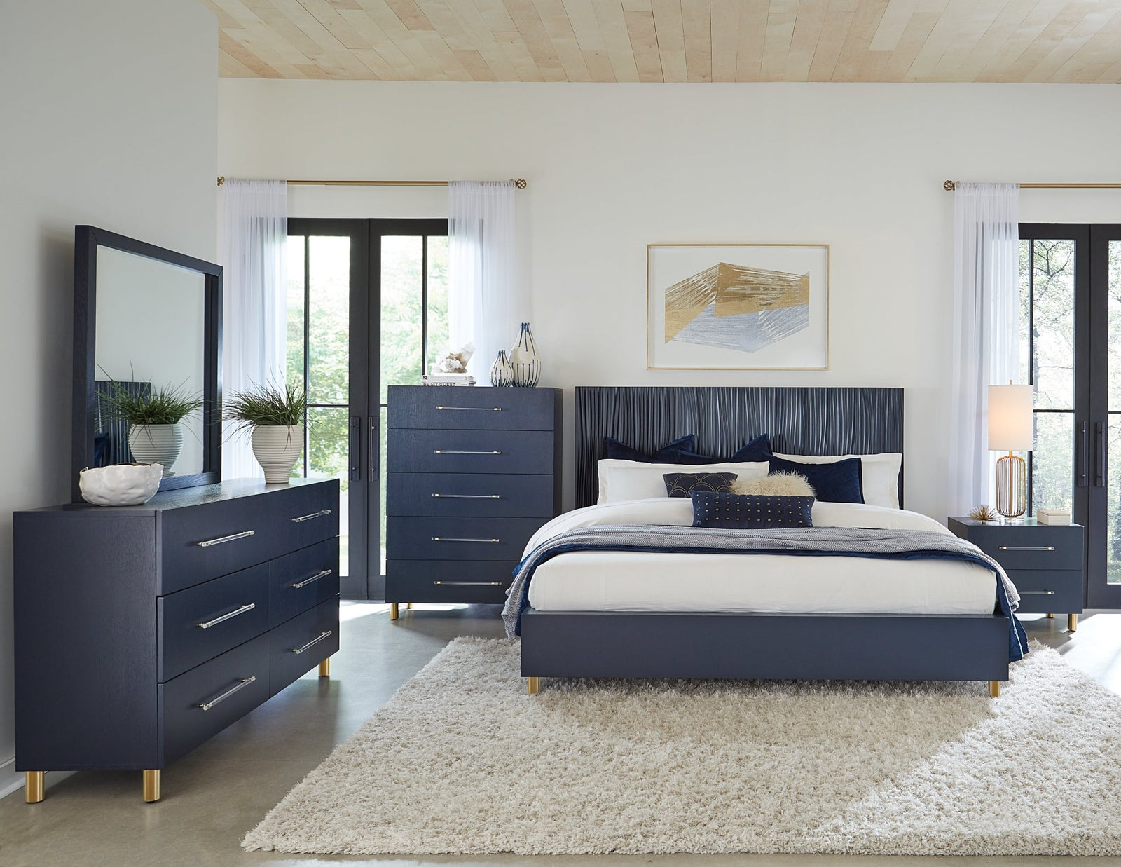 Argento Two Drawer USB Charging Nightstand in Navy Blue and Burnished Brass Nightstand modern furniture Contempo Furniture