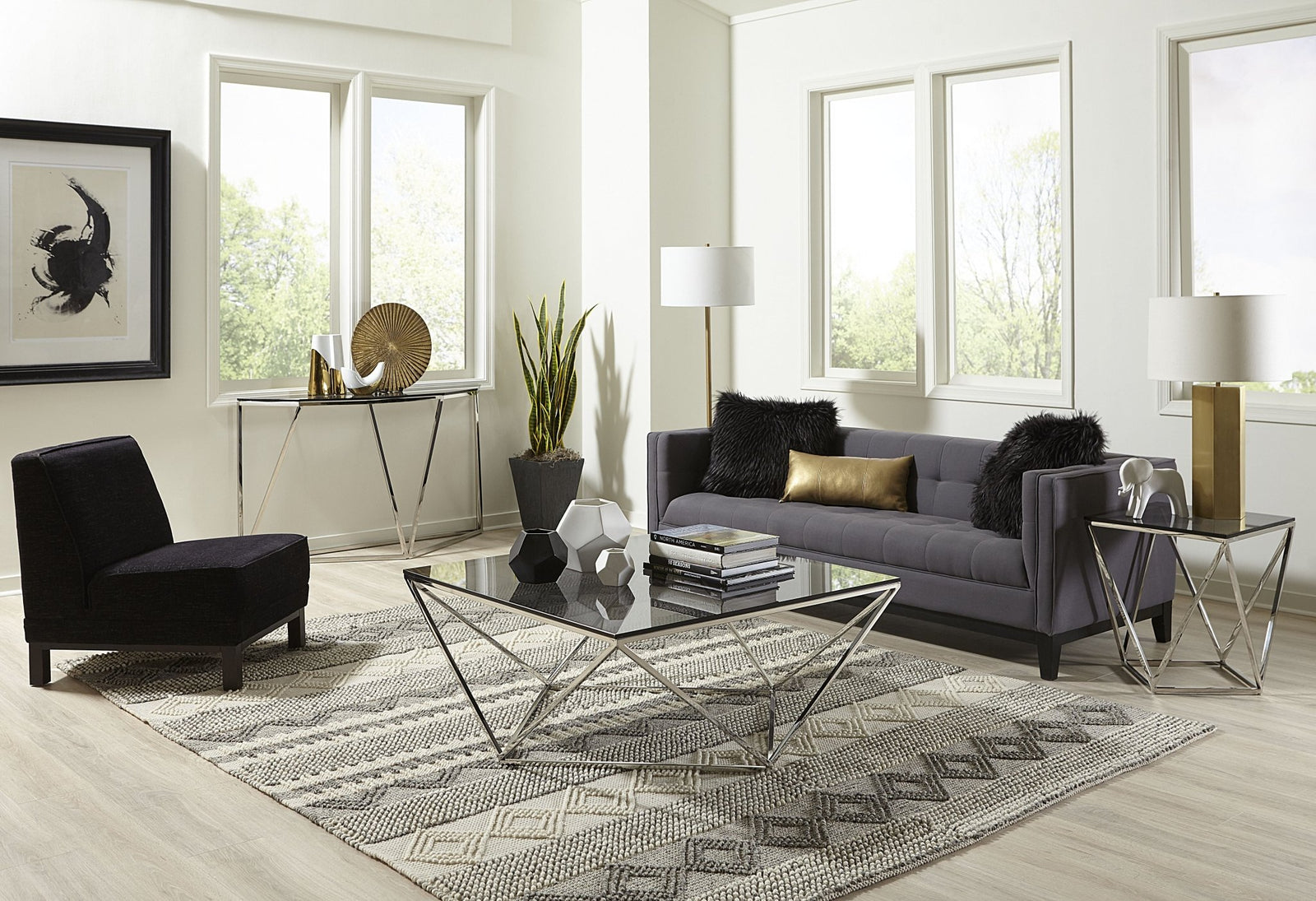 Aria Smoked Glass and Polished Stainless Steel Console Table Console Table modern furniture Contempo Furniture