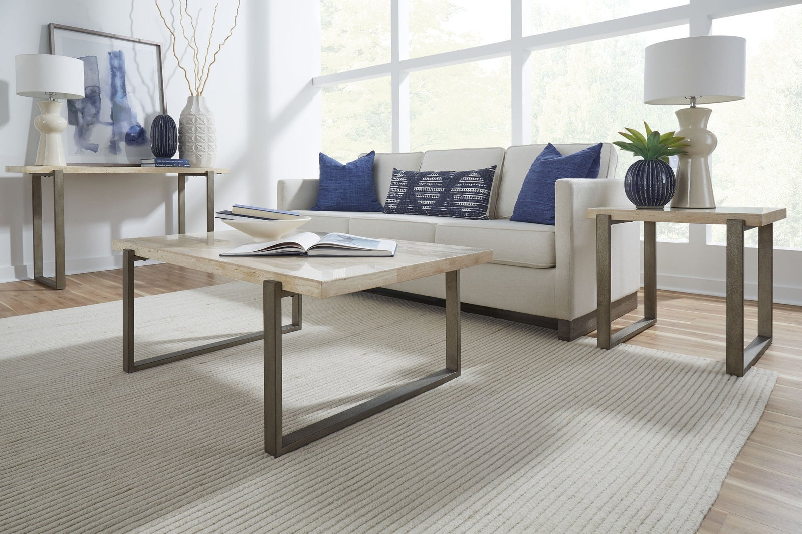 Ariela Natural Travertine Coffee Table with Bronze Metal Base Coffee Table modern furniture Contempo Furniture